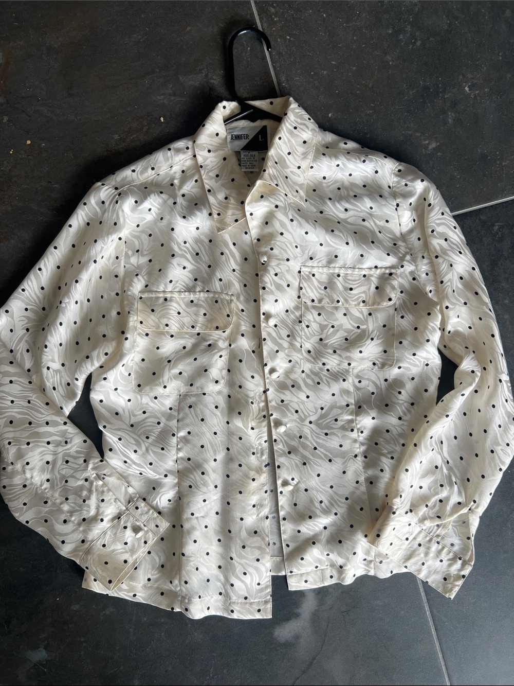 Silk White Button-Up Shirt with Black Polka Dots